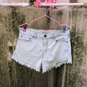 Free People Distressed Striped Crochet Trim Shorts